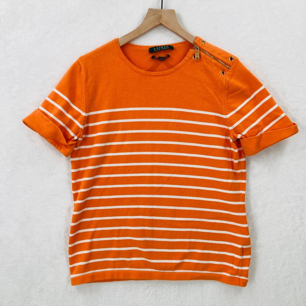 Lauren Ralph Lauren Top Womens Large Orange Striped Short Sleeve Exclusive Zip